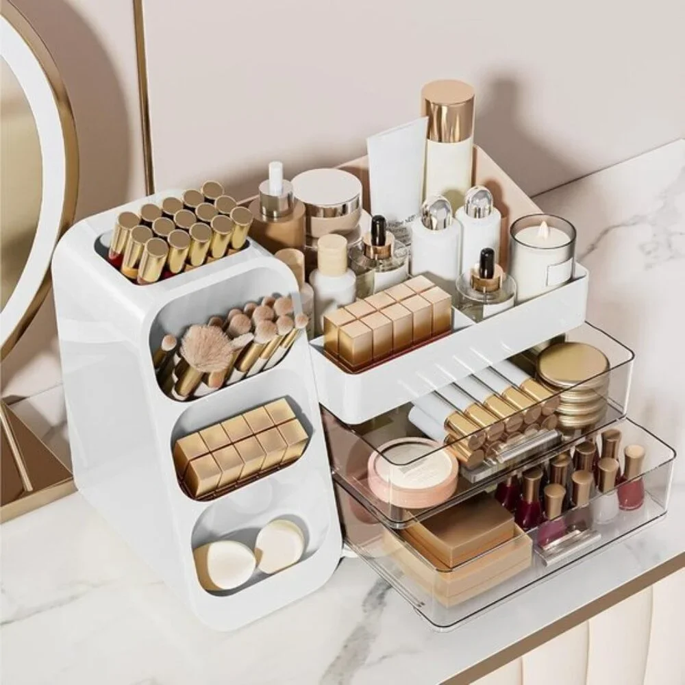 New Makeup Organizer with Drawers & Brush Holder for Vanity & Skincare Storage